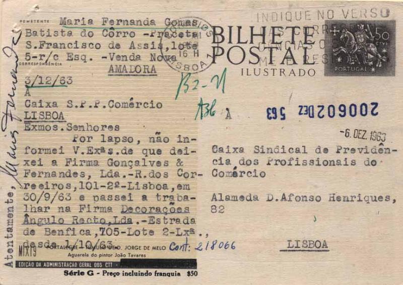 24Lis0833.jpg -     Lote:    833            Portugal       Descrição:         1958 &mdash; Série G. Selo tipo Cavaleiro Medieval. OM142, $50 preto e cinzento (M IX 19 &mdash; PORTALEGRE &mdash; Túmulo de D. Jorge de Melo). Circulado em Lisboa (03.12.63). MR.        IC       Valor Base:     &euro; 20,00     Valor Venda:     &euro; 20,00     