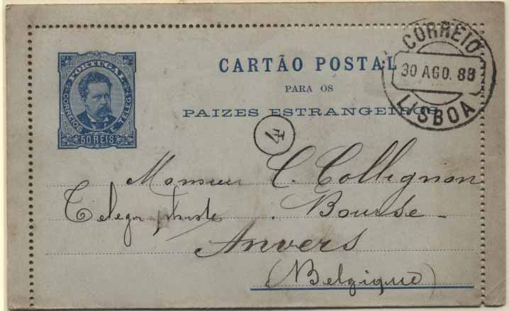 24Lis0834.jpg -     Lote:    834            Portugal       Descrição:         1887 &mdash; D. Luís I tipo Mouchon. Cartões Postais. OM2, 50 reis azul (cartolina azul clara), circulado de Lisboa (30.08.89) para a Bélgica (03.09.89).        IC       Valor Base:     &euro; 10,00     Valor Venda:     Retirado     