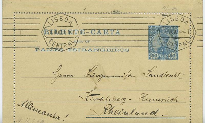 24Lis0835.jpg -     Lote:    835            Portugal       Descrição:         1910 &mdash; D. Manuel II. Bilhetes-Carta. OM11, 50 reis azul sobre cartolina branca, circulada de Lisboa (06.09.1910) para a Alemanha.        IC       Valor Base:     &euro; 14,00     Valor Venda:     &euro; 14,00     