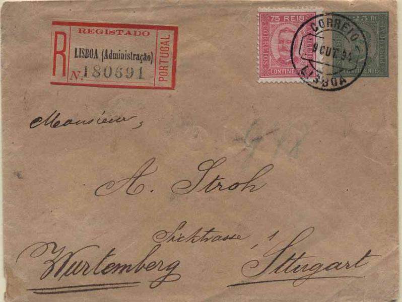 24Lis0836.jpg -     Lote:    836            Portugal       Descrição:         1893 &mdash; D. Carlos I Diogo Neto. Sobrescritos. OM3, 25 reis verde sobre papel camurça, circulado registado de Lisboa (09.10.94) para a Alemanha (16.10.94) com selo adicional de 75 reis D. Carlos I Diogo Neto, papel porcelana, denteado 11 &frac12;, CE72. MB e R.        IC       Valor Base:     &euro; 50,00     Valor Venda:     Retirado     