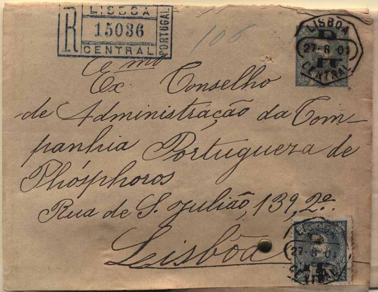 24Lis0837.jpg -     Lote:    837            Portugal       Descrição:         1896 &mdash; D. Carlos I tipo Mouchon. Sobrescritos. OM5, 25 reis verde circulado registado em Lisboa (27.08.01) com selo adicional de 50 reis D. Carlos I Mouchon CE132. Contém interessante carta que seguia no seu interior.        IC       Valor Base:     &euro; 25,00     Valor Venda:     &euro; 25,00     