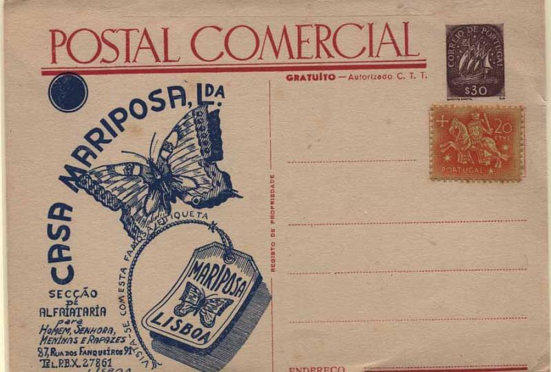 24Lis0839.jpg -     Lote:    839            Portugal       Descrição:         1943 &mdash; Caravela. Inteiros Particulares. POSTAL COMERCIAL. $30 castanho. Não catalogado por OM. Inteiro postal novo, editado pela CASA MARIPOSA, Lda, com selo adicional tipo Cavaleiro Medieval de $20. MB e MR.        IN       Valor Base:     &euro; 100,00     Valor Venda:     &euro; 100,00     