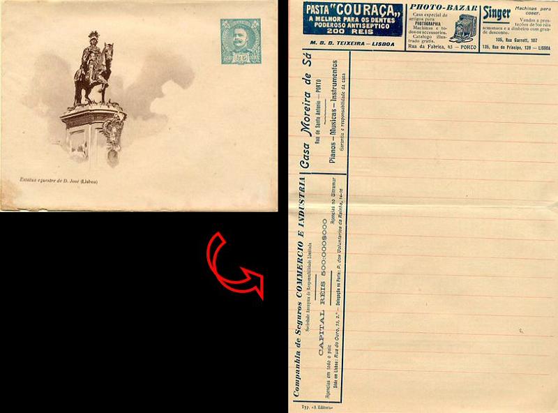 24Lis0841.jpg -     Lote:    841            Portugal       Descrição:         1908 &mdash; Sobrescritos particulares ilustrados com desenhos de Roque Gameiro. Selo de D. Carlos I, tipo Mouchon (1896). OM SP1, 25 reis verde azul claro (Estátua equestre de D. José &mdash; Lisboa). Sobrescrito novo com a folha de papel de carta dentro, de 280x210 mm, com duas palas, pautada num dos lados e preenchida com anúncios no outro. Muito raro com o papel de carta.        IN       Valor Base:     &euro; 75,00     Valor Venda:     &euro; 75,00     