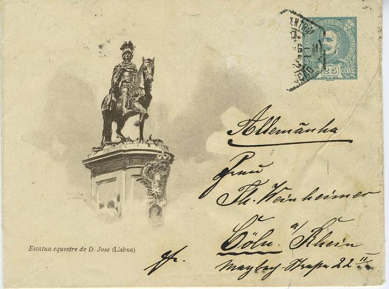 24Lis0842.jpg -     Lote:    842            Portugal       Descrição:         1908 &mdash; D. Carlos I Mouchon. Sobrescritos particulares. Ilustrado por Roque Gameiro. 25 reis OM2C, estátua equestre de D. José, circulado de Lisboa para a Alemanha. Selo adicional desaparecido.        IC       Valor Base:     &euro; 45,00     Valor Venda:     &euro; 45,00     
