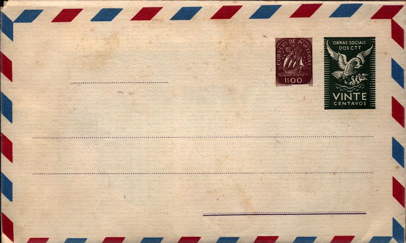 24Lis0843.jpg -     Lote:    843            Portugal       Descrição:         1955/57 &mdash; Carta Universal. Selo tipo Caravela e vinheta de "VINTE CENTAVOS" das "OBRAS SOCIAIS" dos CTT. OM4, 1$00 violeta vermelho, série A1 &mdash; 5.000 exemplares. Nova com a folha de carta no interior. MBC.        IN       Valor Base:     &euro; 25,00     Valor Venda:     &euro; 80,00     