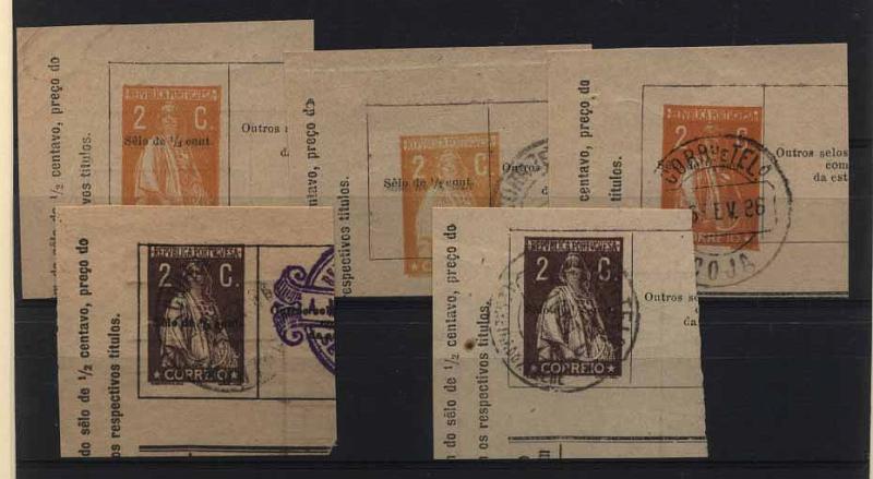 24Lis0848.jpg -     Lote:    848            Portugal       Descrição:         1920/22 &mdash; Ceres. Impressos selados de Serviços dos Correios. Boletins da Caixa Económica Postal. Lote de 5 fragmentos sendo 3 de &frac12; c s/ 2c laranja (um deles com impressão deslocada) + 2 fragmentos de &frac12; c s/ 2C castanho.        FRG       Valor Base:     &euro; 15,00     Valor Venda:     Retirado     