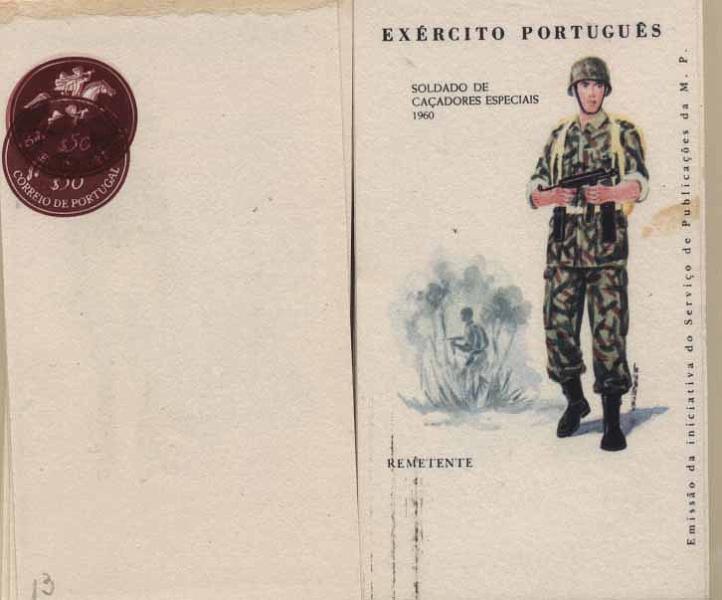 24Lis0850.jpg -     Lote:    850            Portugal       Descrição:         1964 &mdash; Fardamentos do EXÉRCITO PORTUGUÊS. OM158. Lote de 48 provas tipográficas da parte esquerda dos inteiros e inscrições finais. Algumas repetições. 14 provas com o emblema "Postilhão" com a taxa de $50 nas costas. Uma delas com tripla impressão e outra com dupla impressão. Conjunto raro e muito pouco vulgar.        PRV       Valor Base:     &euro; 100,00     Valor Venda:     &euro; 100,00     