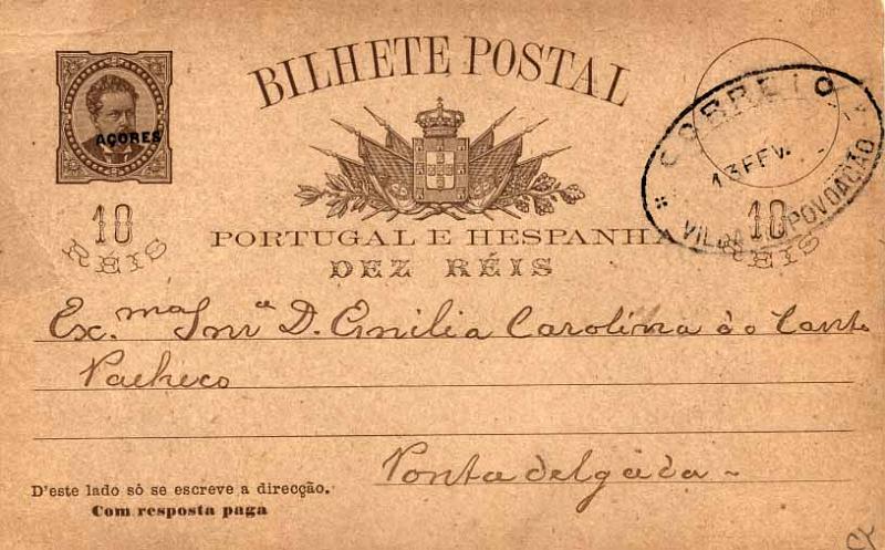 24Lis0851.jpg -     Lote:    851            Açores       Descrição:         1884/87 &mdash; D. Luís I de frente. OM16, 10+10 reis castanho sobre cartolina camurça. 1.ª folha circulada da Vila da Povoação (13.02.1889) para Ponta Delgada. Carimbo de dupla oval batido a preto "VILA DA POVOAÇÃO". MB e MR.        IC       Valor Base:     &euro; 50,00     Valor Venda:     &euro; 65,00     