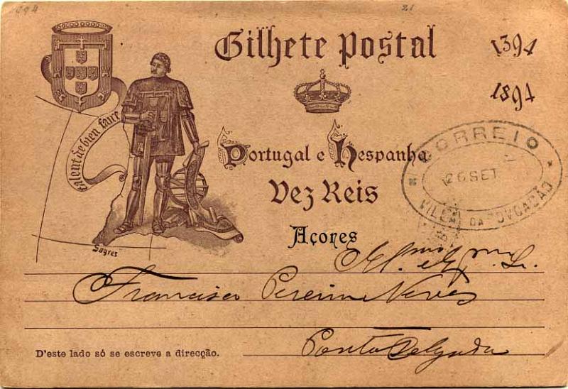 24Lis0852.jpg -     Lote:    852            Açores       Descrição:         1894 &mdash; V Centenário do Nascimento do Infante D. Henrique com sobrecarga AÇORES. OM18, 10 reis lilás-cinzento, circulado da Vila da Povoação (26.09.95) para Ponta Delgada (27.09.95). Carimbo de dupla oval batido a preto "VILA DA POVOAÇÃO".        IC       Valor Base:     &euro; 20,00     Valor Venda:     &euro; 42,00     