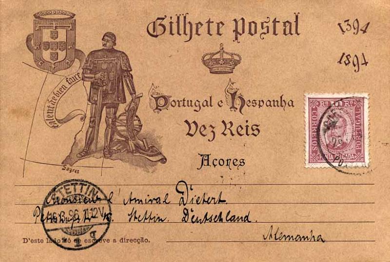 24Lis0853.jpg -     Lote:    853            Açores       Descrição:         1894 &mdash; V Centenário do Nascimento do Infante D. Henrique com sobrecarga AÇORES. OM18, 10 reis lilás-cinzento, circulado de Ponta Delgada (26.02.96) para a Alemanha (16.03.96), com trânsito por Lisboa (12.03.96) e selo adicional de 10 reis D. Carlos I Diogo Neto de Ponta Delgada, denteado 13 &frac12;, papel porcelana. CE2. MB.        IC       Valor Base:     &euro; 75,00     Valor Venda:     &euro; 120,00     