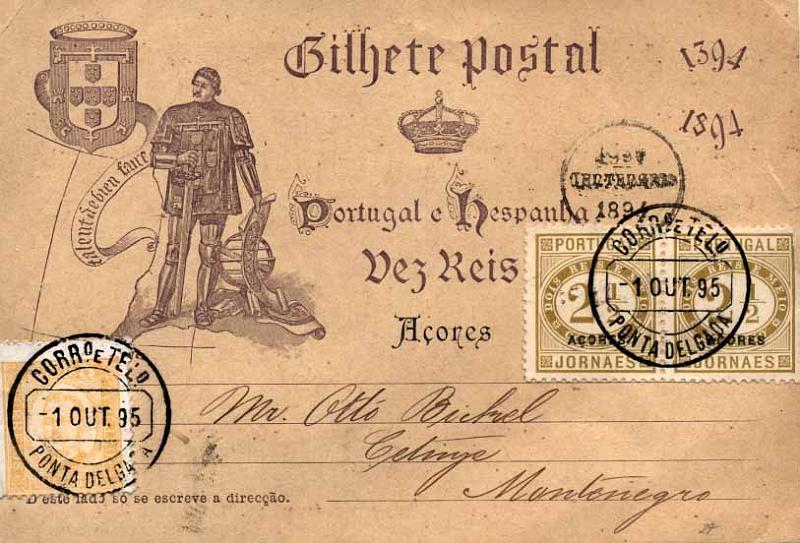24Lis0854.jpg -     Lote:    854            Açores       Descrição:         1894 &mdash; V Centenário do Nascimento do Infante D. Henrique com sobrecarga AÇORES. OM18, 10 reis lilás-cinzento, circulado de Ponta Delgada (01.10.95) para Montenegro com selos adicional de 5 reis D. Carlos I Diogo Neto de Ponta Delgada, denteado 12 &frac12;, papel porcelana, CE1+ par de 2 &frac12; reis emissão Jornaes, utilizados como selos de recurso CE46. MB.        IC       Valor Base:     &euro; 75,00     Valor Venda:     &euro; 110,00     