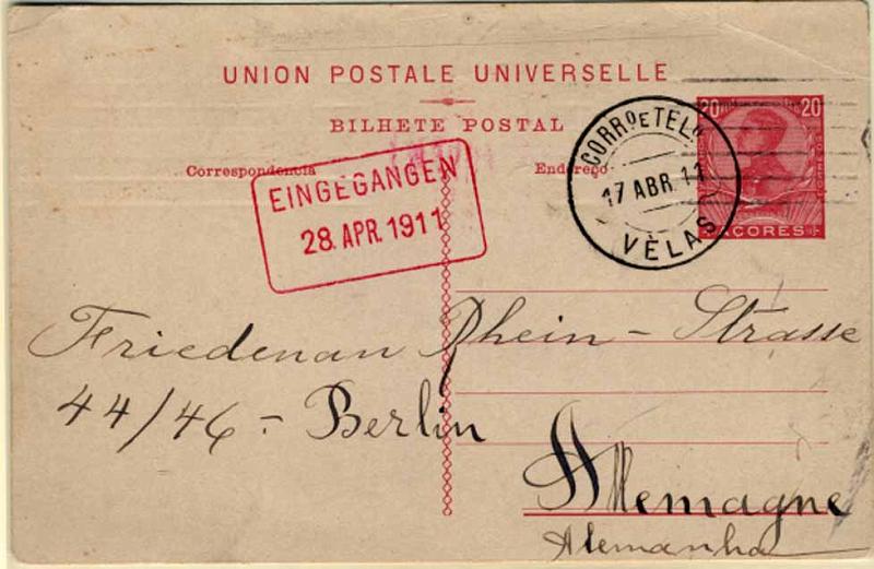 24Lis0855.jpg -     Lote:    855            Açores       Descrição:         1910 &mdash; D. Manuel II. OM31, 20 reis carmim sobre cartolina branca, circulado de Velas (17.04.11) para a Alemanha (28.04.1911). MB.        IC       Valor Base:     &euro; 8,00     Valor Venda:     &euro; 30,00     