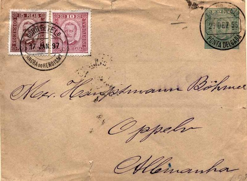 24Lis0856.jpg -     Lote:    856            Ponta Delgada       Descrição:         1893 &mdash; D. Carlos I tipo Diogo Neto. Sobrescritos. OM1, 25 reis verde, papel camurça claro, circulado com adicionais de 10 e 15 reis D. Carlos I Diogo Neto CE2 e 3 (Ponta Delgada). Inteiro pré-obliterado em Ponta Delgada (26.12.96) e reutilizado com os adicionais em Angra do Heroísmo (17.01.97) para a Alemanha, com trânsito por Lisboa (25.01.97).        IC       Valor Base:     &euro; 100,00     Valor Venda:     &euro; 150,00     