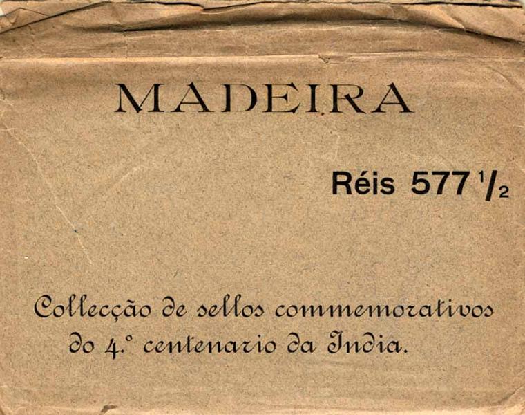 24Lis0857.jpg -     Lote:    857            Madeira       Descrição:         1898 &mdash; 4.º Centenário do Descobrimento do Caminho Marítimo para a Índia. OM8 e 9. Série completa de 12 inteiros postais (8 de 10 reis e 4 de 20 reis) + envelope impresso "MADEIRA / RÉIS 577 &frac12; / COLECÇÃO DE SELLOS COMMEMORATIVOS DO 4.º CENTENÁRIO DA ÍNDIA", emitidos pela Comissão encarregue das comemorações. R.        IC       Valor Base:     &euro; 60,00     Valor Venda:     Retirado     