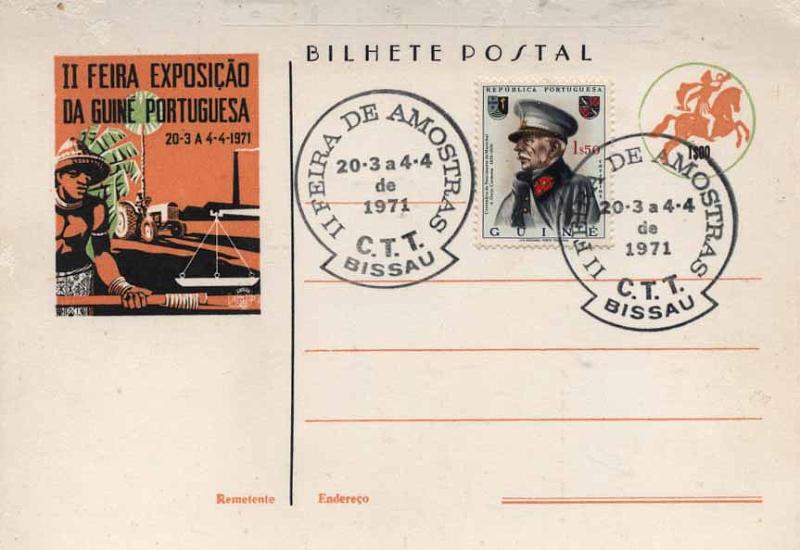 24Lis0860.jpg -     Lote:    860            Guiné       Descrição:         1971 &mdash; Comemorativo da II Feira / Exposição / da Guiné Portuguesa / 20-3 a 4-4-1971". Selo com Postilhão. OM20, 1$00 preto, verde e laranja. Novo. MR.        IN       Valor Base:     &euro; 15,00     Valor Venda:     &euro; 18,00     