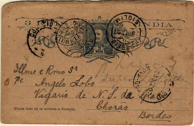 24Lis0861.jpg -     Lote:    861            Índia       Descrição:         1903 &mdash; D. Carlos tipo Mouchon. OM11, 3 reis azul, cartolina camurça. Circulado de Siolim (23.12.1907) para Bardez (24.12.07) com trânsito por Nova Goa e Margão.        IC       Valor Base:     &euro; 5,00     Valor Venda:     Retirado     