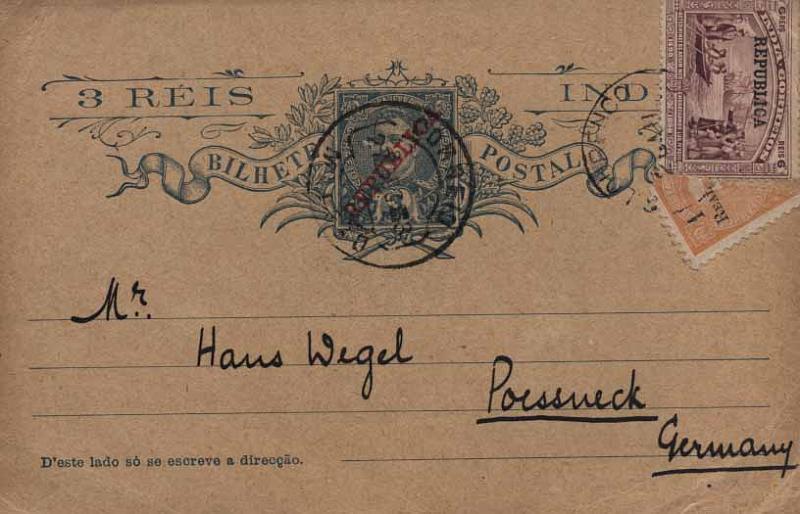 24Lis0862.jpg -     Lote:    862            Índia       Descrição:         1913 &mdash; D. Carlos I tipo Mouchon com sobrecarga REPUBLICA da Casa da Moeda. OM22, 3 reis azul, cartolina camurça, circulado de Margão (27.08.13), para a Alemanha com selos adicionais de 1 real perfurado em diagonal D. Carlos I Mouchon CE + selo Centenário da Índia com sobrecarga REPUBLICA CE248.        IC       Valor Base:     &euro; 75,00     Valor Venda:     &euro; 75,00     