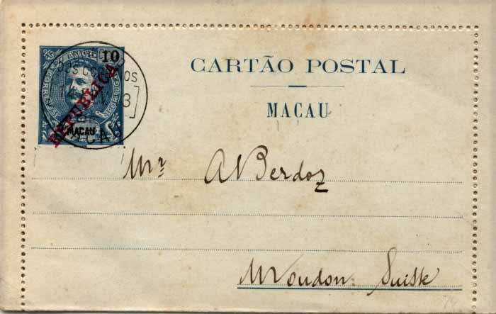 24Lis0868.jpg -     Lote:    868            Macau       Descrição:         1912 &mdash; D. Carlos I tipo Mouchon com sobrecarga REPUBLICA da Casa da Moeda. Bilhetes-Cartas. OM12, 10 avos azul, circulado de Macau (14.02.13) para Mouchon (14.03.13) com trânsito por Hong-Kong (15.02.13). R.        IC       Valor Base:     &euro; 60,00     Valor Venda:     &euro; 60,00     