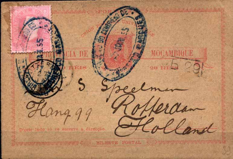 24Lis0870.jpg -     Lote:    870            Moçambique e Distritos Postais       Descrição:         1885 &mdash; D. Luís I. OM2, 20 reis rosa sobre cartolina camurça, circulado de Lourenço Marques (02.01.1895) para a Holanda (27.01.1895), com selo adicional de 20 reis rosa, D. Luís I, denteado 12 &frac12; CE17. Raro.        IC       Valor Base:     &euro; 50,00     Valor Venda:     Retirado     