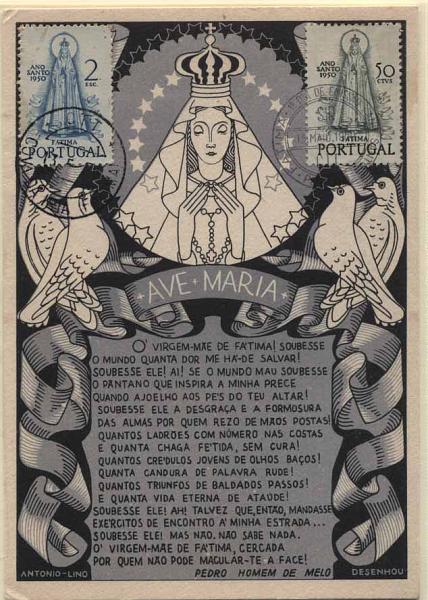 24Lis0891.jpg -     Lote:    891                   Descrição:         1950 &mdash; Ano Santo. Inteiro postal OM119, com selos de $50 e 2$00 Ano Santo CE719 e 721, um obliterado com carimbo da Cova de Iria (13.05.1950) e outro com o carimbo comemorativo do 1.º dia de circulação de Fátima (13.05.1950). MB.        PM       Valor Base:     &euro; 15,00     Valor Venda:     &euro; 22,00     