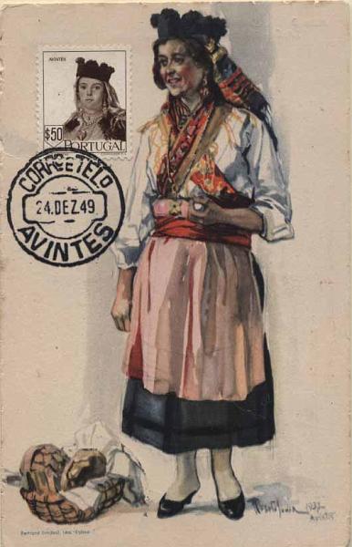 24Lis0894.jpg -     Lote:    894                   Descrição:         Padeira de Avintes. Inteiro Postal TPN de $25 azul da série Costumes Portugueses n.º 13 (Porto &mdash; Padeira de Avintes), com selo de $50 castanho da emissão Costumes Portugueses CE680, obliterados com carimbo de Avintes (24.12.49).        PM       Valor Base:     &euro; 25,00     Valor Venda:     &euro; 32,00     