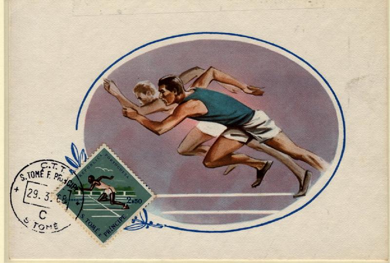 24Lis0912.jpg -     Lote:    912                   Descrição:      S. Tomé e Príncipe "Atletismo".   Postal ilustrado concordante com selo de 2$50 emissão Modalidades desportivas, CE374, obliterados com carimbo de S. Tomé (29.03.68). MB.        PM       Valor Base:     &euro; 8,00     Valor Venda:     &euro; 8,00     