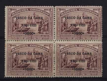 24Lis0973.jpg -     Lote:    973                   Descrição:         Vinhetas. 1925 &mdash; Selos do 4.º Centenário do Descobrimento do Caminho Marítimo para a Índia com sobrecarga "Vasco da Gama / 1924-1925". Quadra de 2$00 s/ 10 reis violeta.        ***       Valor Base:     &euro; 5,00     Valor Venda:     &euro; 5,00     