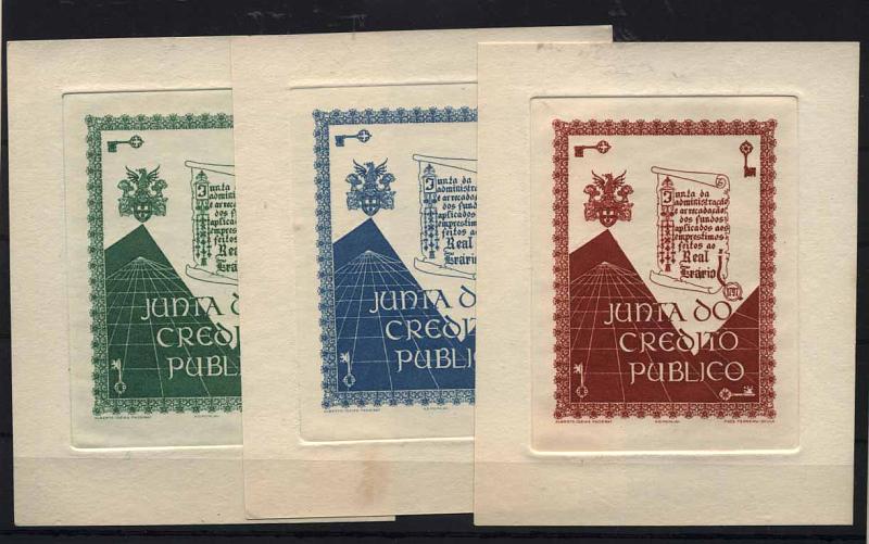 24Lis0986.jpg -     Lote:    986                   Descrição:         Vinhetas. Junta de Crédito Público. Lote de 3 vinhetas em verde, azul e castanho-vermelho.        Lote       Valor Base:     &euro; 10,00     Valor Venda:     &euro; 10,00     