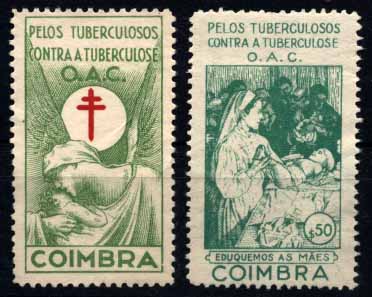 24Lis0994.jpg -     Lote:    994                   Descrição:         Vinhetas. Lote de duas vinhetas "Pelos Tuberculosos / Contra a Tuberculose / OAC / COIMBRA". MB e R.        *       Valor Base:     &euro; 6,00     Valor Venda:     &euro; 6,00     