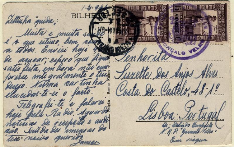 24Lis1001.jpg -     Lote:    1001                   Descrição:         Marcas de Barcos da Marinha. N.R.P. GONÇALO VELHO. Postal ilustrado lançado a bordo de barco da Marinha (01.04.44) com par de selos de $15 Império Colonial Português de Moçambique, com destino a Lisboa (12.05.44). Carimbo batido a violeta "AVISO DE 2.ª CLASSE / GONÇALO VELHO". MB e MR.        PI       Valor Base:     &euro; 150,00     Valor Venda:     &euro; 460,00     