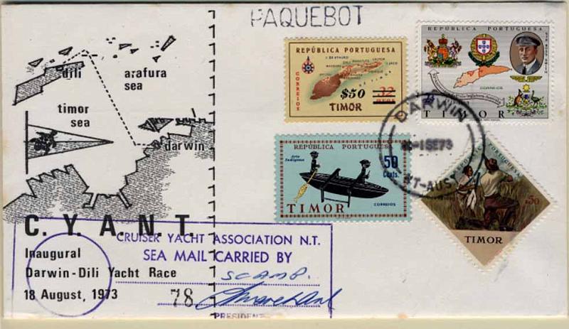 24Lis1005.jpg -     Lote:    1005                   Descrição:         Correio marítimo. Timor Português. Sobrescrito comemorativo da Viagem inaugural da ligação marítima Darwin-Dili em 18 de Agosto de 1973, com selos de Timor CE309, 320, 328 e 355, obliterados com carimbo de Darwin (01.09.73). Carimbo PAQUEBOT batido a preto.        Carta       Valor Base:     &euro; 20,00     Valor Venda:     &euro; 20,00     