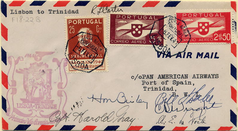 24Lis1011.jpg -     Lote:    1011                   Descrição:         1939 — FAM18. Autógrafos da tripulação. Sobrescrito circulado no 1.º voo da linha FAM18 de Lisboa (06.02.41) para Trinidad (08.02.1941). Carimbo comemorativo do voo batido a verde-azul. Sobrescrito com o autógrafo da tripulação. MB e MR.        Aéreo       Valor Base:     € 20,00     Valor Venda:     Retirado     