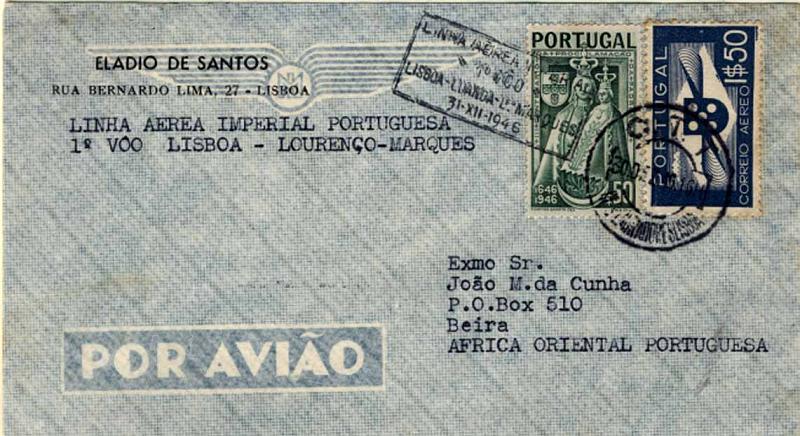 24Lis1016.jpg -     Lote:    1016                   Descrição:         1946 - !.º Voo da Linha Aérea Imperial. Sobrescrito circulado de Lisboa (30.12.46) para a Beira (07.01.47) com selos de 1$50 Hélice + $50 Padroeira.        Aéreo       Valor Base:     € 5,00     Valor Venda:     Retirado     