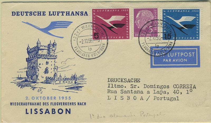 24Lis1018.jpg -     Lote:    1018                   Descrição:         1955 — Reabertura dos Voos da Lufthansa para Portugal. Sobrescrito circulado de Colónia (02.10.55) para Lisboa (03.10.55) com selos comemorativos de 5 e 15pf Yv-81 e 83 + Yv-64 (República Federal).        Aéreo       Valor Base:     € 10,00     Valor Venda:     Retirado     