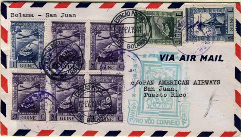 24Lis1022.jpg -     Lote:    1022                   Descrição:         1941 &mdash; Linha Lisboa-Nova York pela Pan American &mdash; Via Bolama. Sobrescrito do 1.º voo remetido de Bolama para San Juan * Porto Rico (06.02.41) com selos do Império Colonial Português CE236, CA2(5), CA4 e 6.        Aéreo       Valor Base:     &euro; 8,00     Valor Venda:     Retirado     
