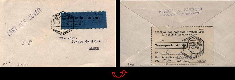 24Lis1031.jpg -     Lote:    1031                   Descrição:         1938 &mdash; Sobretaxa do Correio Aéreo. Legenda "Taxa recebida / Taxe Perçue". CE SCA7 em sobrescrito circulado de Lourenço Marques (13.03.1938) para o Lumbo. Último dia de circulação das etiquetas. No verso recibo do pagamento  da sobretaxa do Transporte Aéreo. MB e R.        Aéreo       Valor Base:     &euro; 50,00     Valor Venda:     &euro; 75,00     