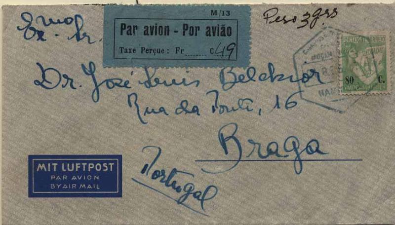24Lis1032.jpg -     Lote:    1032                   Descrição:         1936 &mdash; Sobretaxa do Correio Aéreo. Legenda Taxe Perçue. CE SCA5. Sobrescrito circulado por via aérea de Nampula (24.08.36) para Braga (13.093.36) com trânsito (25.08.36), com selo de 80c Lusíadas + etiqueta com o porte de 0,49f. MB.        Aéreo       Valor Base:     &euro; 25,00     Valor Venda:     Retirado     