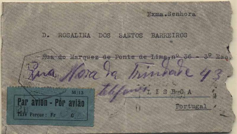 24Lis1033.jpg -     Lote:    1033                   Descrição:         1937 &mdash; Sobretaxa do Correio Aéreo. Legenda "Taxe Perçue" M/13. CE SCA5, preto s/ azul em carta circulada de Moçambique (12.03.38) para Lisboa (23.03.38), com o porte manuscrito de 3$00.        Aéreo       Valor Base:     &euro; 15,00     Valor Venda:     Retirado     