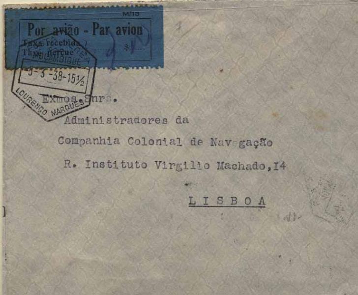 24Lis1034.jpg -     Lote:    1034                   Descrição:         Sobretaxa do Correio Aéreo. Lote de duas cartas circuladas de Lourenço Marques (24.12.37 e 05.03.38) para Lisboa com etiquetas M/13, CE SCA7, com o porte manuscrito de 3$00.        Aéreo       Valor Base:     &euro; 15,00     Valor Venda:     &euro; 15,00     