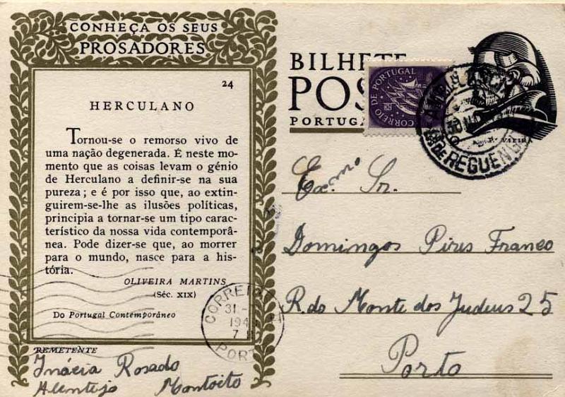 24Lis1038.jpg -     Lote:    1038                   Descrição:         Correio ferroviário. Inteiro Postal "Conheça os seus Prosadores n.º 24", circulado com adicional de $20 Caravela pela ambulância ferroviária da Linha de Reguengos (30.05.49) para o Porto (31.05.49). Carimbo batido a preto "AMBULÂNCIA / L. DE REGUENGOS". R.        IC       Valor Base:     &euro; 10,00     Valor Venda:     Retirado     