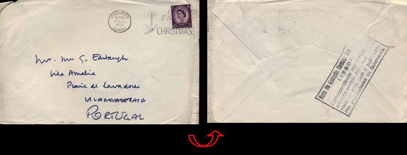 24Lis1040.jpg -     Lote:    1040                   Descrição:         Correio ferroviário acidentado. Sobrescrito circulado de Inglaterra (17.12.1965) para Vila Nova de Gaia, acidentado no Sud-Express nas proximidades de Salamanca. Carimbo aplicado pela Estação Central dos Correios de Lisboa batido a preto no verso do sobrescrito.        Carta       Valor Base:     &euro; 25,00     Valor Venda:     Retirado     