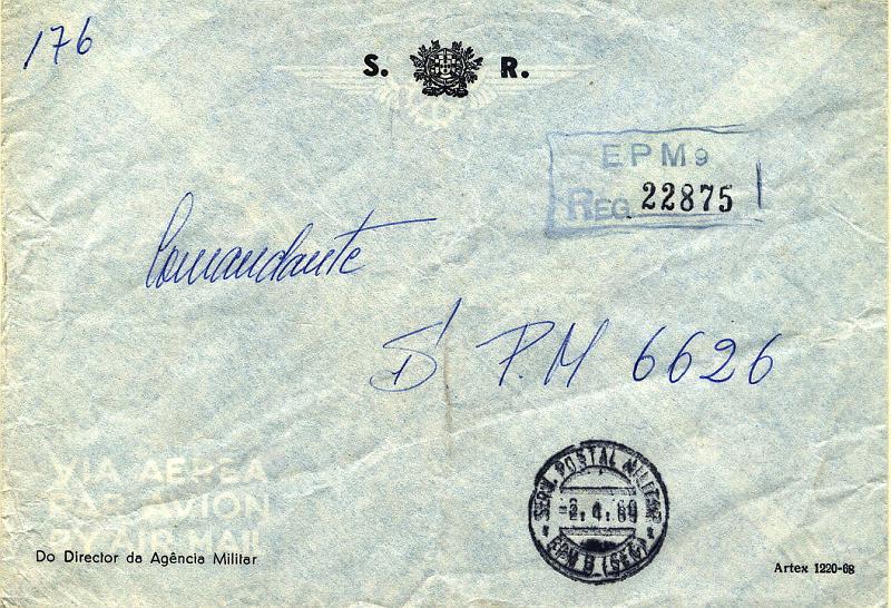 24Lis1043.jpg -     Lote:    1043                   Descrição:         1961 &mdash; Guerra Colonial. Sobrescrito circulado registado e isento de franquia de EPM 9 / SEC (02.04.69) para o PMC 156 (14.04.69). Marcas batidas a preto da EPM 9 (SEC) e PMC-156 (Barreiros Pt-5 e Ag-11) e marca de registo batida a azul (Barreiros Pt-27).        Carta       Valor Base:     &euro; 15,00     Valor Venda:     &euro; 32,00     