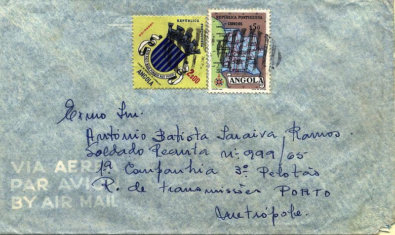 24Lis1048.jpg -     Lote:    1048                   Descrição:         1961 &mdash; Guerra Colonial. Sobrescrito circulado do SPM 7746 para o Porto com selos de $50 e 2$00 CE381 e 442 CE455, obliterado com carimbo oval mudo, de 9 barras com 26 mm no maior diâmetro, utilizado segundo Guedes de Magalhães em Malange.        Carta       Valor Base:     &euro; 30,00     Valor Venda:     &euro; 30,00     