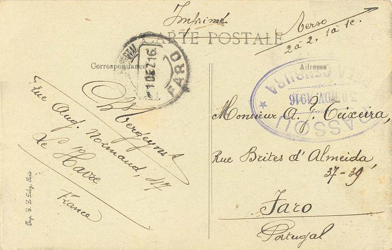 24Lis1074.jpg -     Lote:    1074                   Descrição:         1ª Guerra Mundial. Censura oval de Lisboa não numerada, batida a violeta datada de 30.11.1916. Postal ilustrado remetido da Bélgica (21.11.16) para Faro (01.12.16) MB e R.          IC       Valor Base:     &euro; 250,00     Valor Venda:     Retirado     