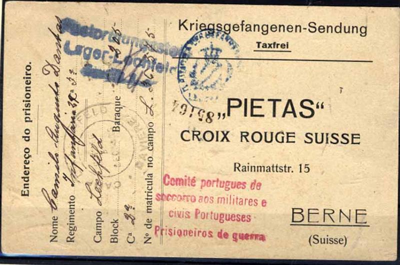 24Lis1076.jpg -     Lote:    1076                   Descrição:         1.ª Guerra Mundial. Inteiros postais isentos de franquia editados por "PIETAS", circulado da Alemanha (12.07.18) para Berna, de prisioneiro de guerra português. Carimbo a vermelho "Comité português de / socorros aos militares e / civis portugueses / Prisioneiros de guerra". MB e R.        IC       Valor Base:     &euro; 100,00     Valor Venda:     Retirado     