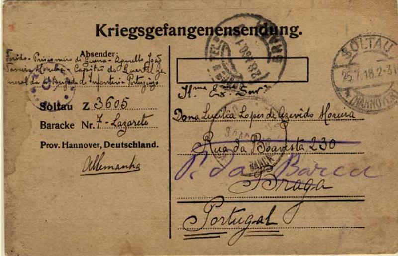 24Lis1077.jpg -     Lote:    1077                   Descrição:         1.ª Guerra Mundial. Prisioneiros de Guerra Portugueses. Postal isento de franquia, editado pela Alemanha, circulado de Soltau (25.07.18) para Braga (28.08.18) e reendereçado para Ponte da Barca (30.08.18). B e R.        PI       Valor Base:     &euro; 60,00     Valor Venda:     &euro; 60,00     