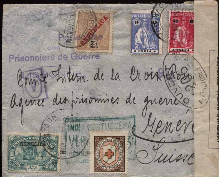 24Lis1082.jpg -     Lote:    1082                   Descrição:         1.ª Guerra Mundial. Censuras da Índia Portuguesa. Comissão Portuguesa de Prisioneiros de Guerra. Sobrescrito circulado de Nova Goa (19.07.16) para a Suiça (12.12.16) através da Comissão Portuguesa de Prisioneiros de Guerra, com selos CE203, 246, 262 e 263 + um selo arrancado. Selo de porte franco da Comissão Portuguesa de Prisioneiros de Guerra CE CVP2 aplicado em Lisboa. Censurada na Índia por carimbo rectangular batido a verde "INDIA PORTUGUESA / VERIFICADA (3) / CENSURA POSTAL".         Carta       Valor Base:     &euro; 150,00     Valor Venda:     &euro; 160,00     