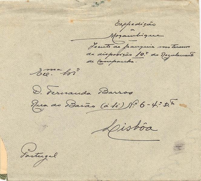 24Lis1086.jpg -     Lote:    1086                   Descrição:         1ª Guerra Mundial. Expedição a Moçambique. Carta isenta de franquia com o conteúdo, remetida pelo Alferes Jorge de Carvalho, de Cavalaria 5, do Comando do Ribaué, Moçambique, (24.08.18) para Lisboa. Isenção de Franquia manuscrita pelo próprio oficial na frente. B e R           Carta       Valor Base:     &euro; 50,00     Valor Venda:     Retirado     
