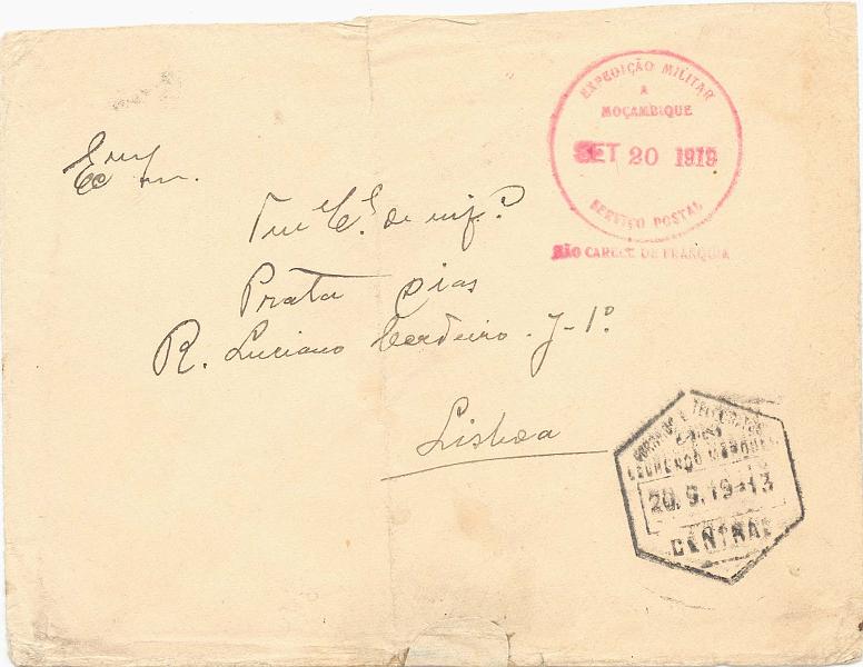 24Lis1087.jpg -     Lote:    1087                   Descrição:         1ª Guerra Mundial. Expedição a Moçambique. Carta isenta de franquia remetida de Lourenço Marques (20.09.19) para Lisboa (03.11.19) com carimbo circular a vermelho de isenção de franquia. Expedição Militar a Moçambique Serviço Postal / Não Carece de Franquia. B e MR           Carta       Valor Base:     &euro; 150,00     Valor Venda:     &euro; 150,00     
