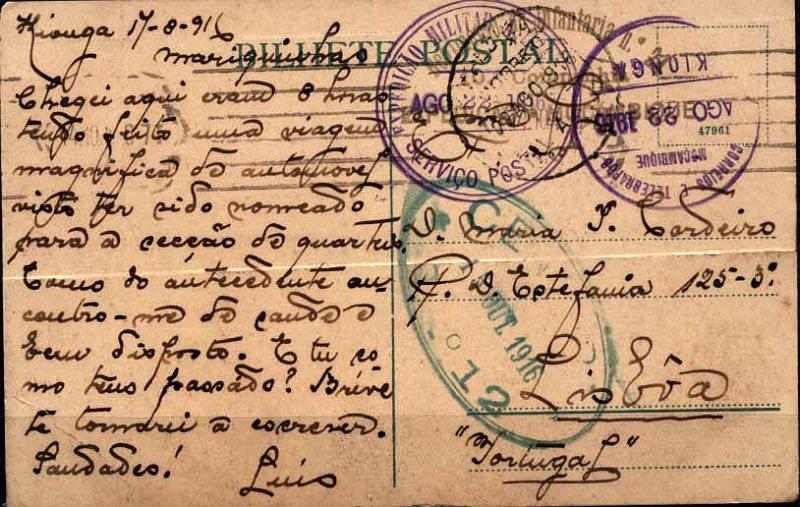 24Lis1092.jpg -     Lote:    1092                   Descrição:         1.ª Guerra Mundial. Expedição a Moçambique. Isentos de franquia do Kionga. Postal ilustrado circulado do Kionga (17.08.16) para Lisboa (15.10.16), isenta de porte. Carimbo circular do Kionga batido a violeta "CORREIOS E TELEGRAFOS / MOÇAMBIQUE / AGO 22 1916 / KIONGA" + carimbo da unidade militar batido a verde "REGIMENTO DE INFANTARIA / 10.ª COMPANHIA / EXPEDIÇÃO A MOÇAMBIQUE" + carimbo circular da expedição batido a violeta "EXPEDIÇÃO MILITAR A MOÇAMBIQUE / SERVIÇO POSTAL / AGO 22 1916" + carimbo circular metálico batido a preto da expedição datado de 22.08.1916. MB e MR.        PI       Valor Base:     &euro; 250,00     Valor Venda:     &euro; 1500,00     